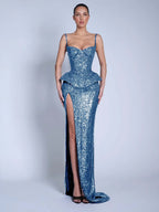 V-Neck Spaghetti Straps Sleeveless Long Mermaid Prom Dress With Split And Sequins YK0713