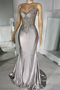 Cocoslly Spaghetti Straps Sleeveless Pleated Mermaid Long Prom Dress With Beaded Appliques | Silver Satin XJ0015
