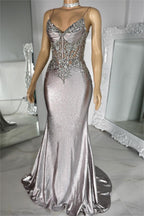 Cocoslly Spaghetti Straps Sleeveless Pleated Mermaid Long Prom Dress With Beaded Appliques | Silver Satin XJ0015