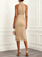 Champagne Ruched Lace Jacquard Classic Halter Neck Sleeveless H-Line Midi Dress