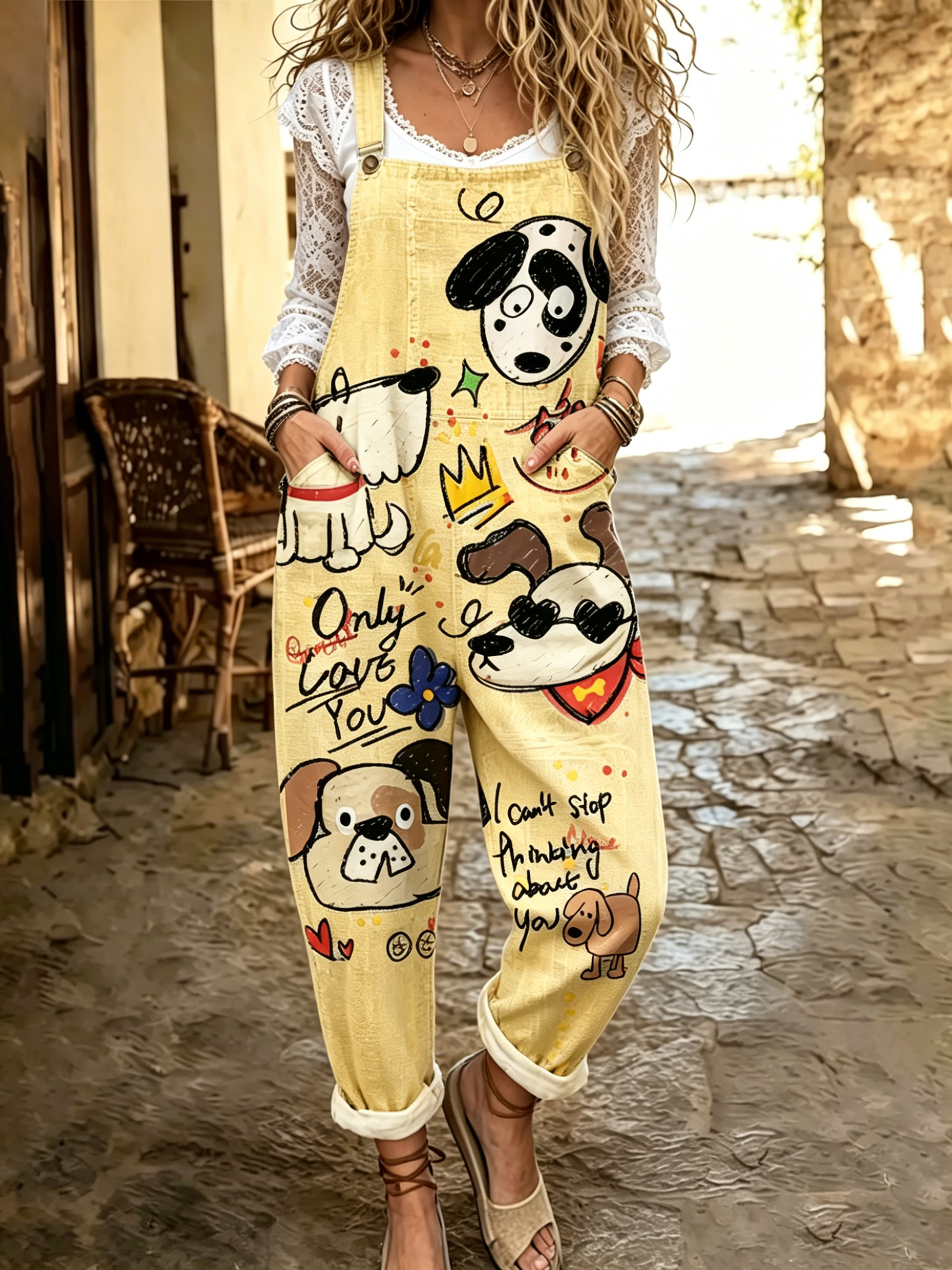 Women's Cute Dog Art Print Flowy Linen Blend Casual Jumpsuit