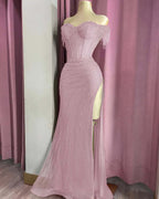 Off the Shoulder Sleeveless Long Split Prom Dress With Beading YK0161