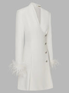 White Feather-trimmed Buckle Classic V Neck Stand Collar Long Sleeve A-Line Mini Dress