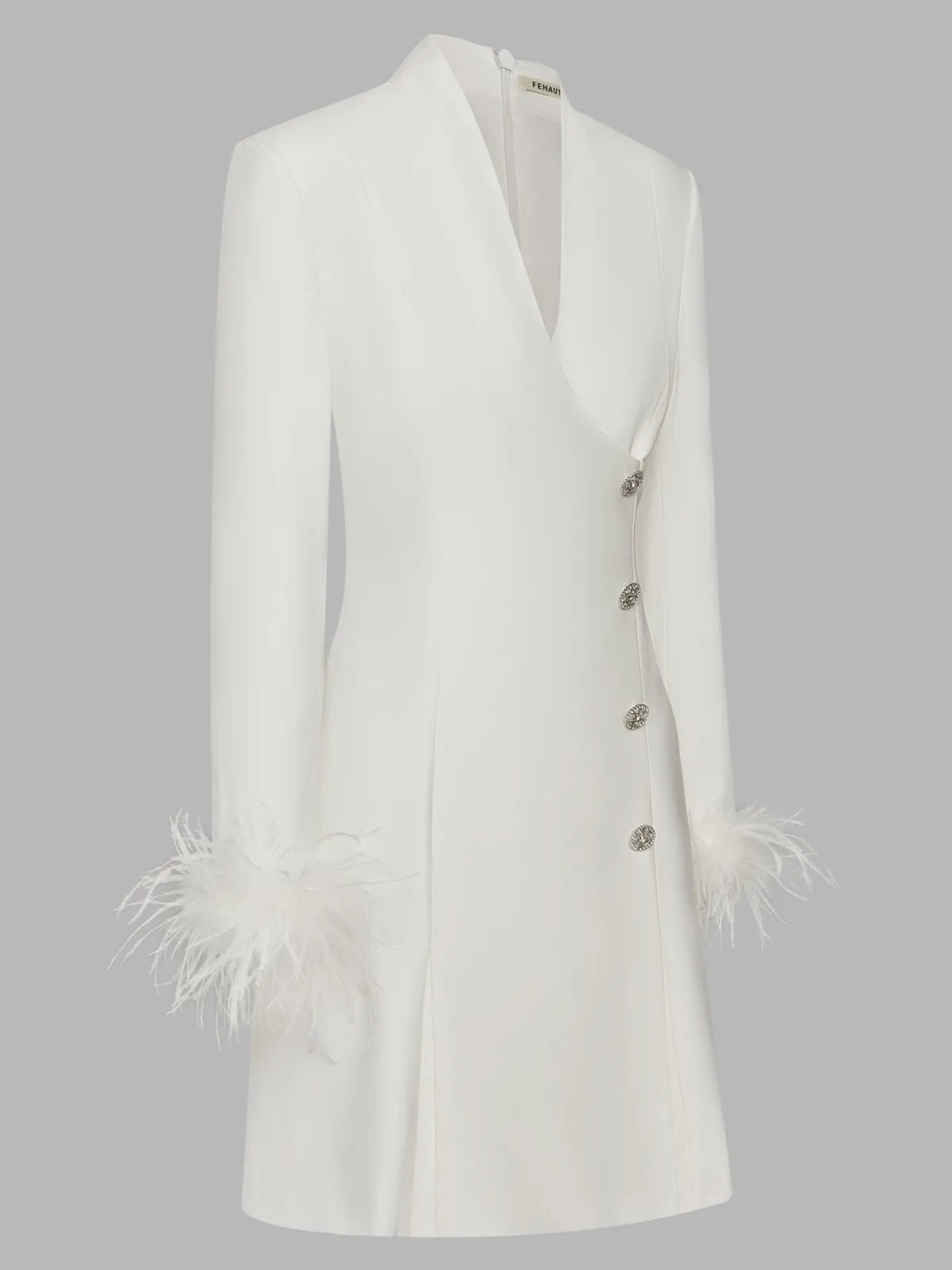 White Feather-trimmed Buckle Classic V Neck Stand Collar Long Sleeve A-Line Mini Dress