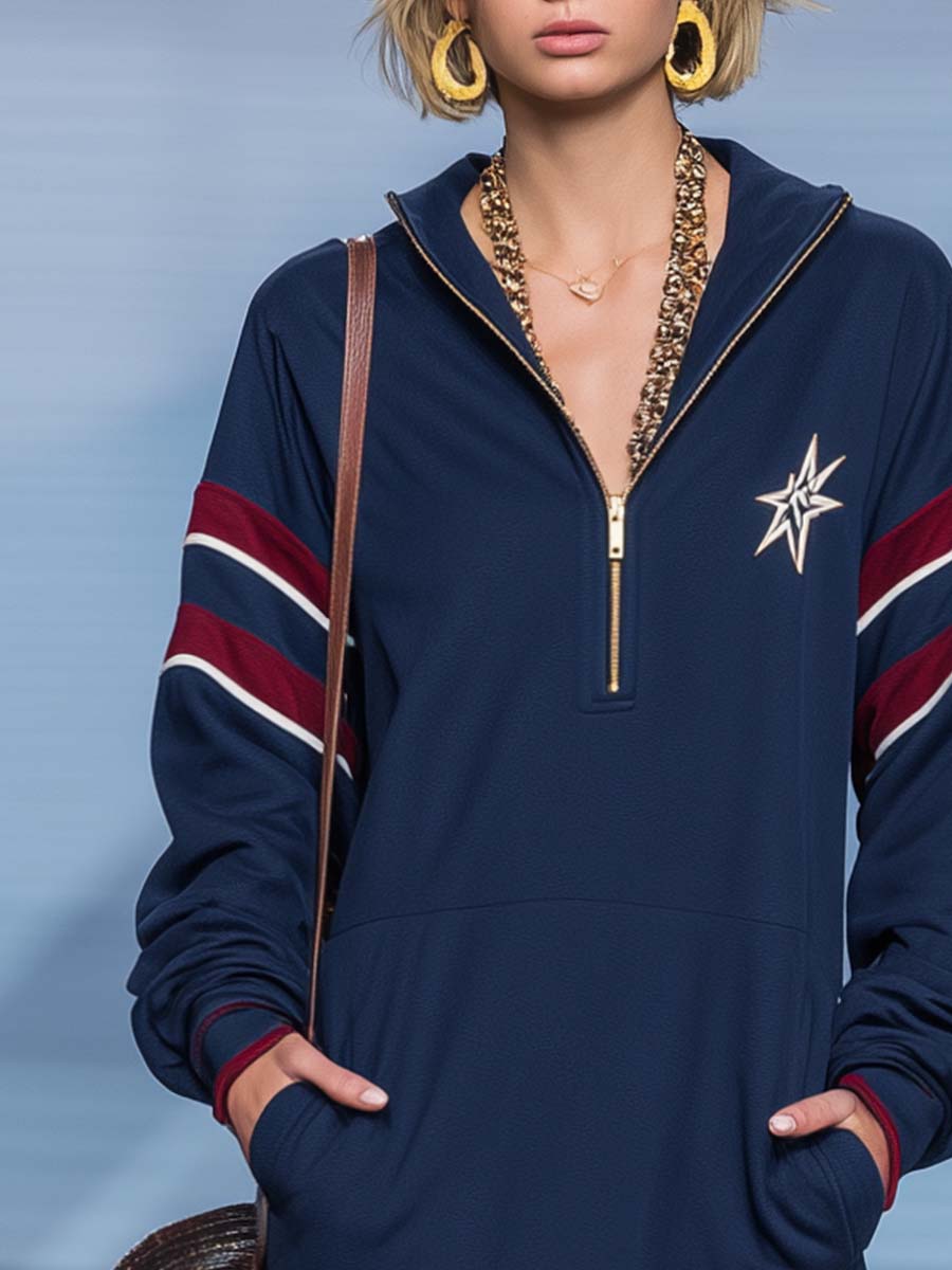 Retro Sporty Navy Star-Embroidered Hooded Half-Zip Long-Sleeve Sweatshirt Mini Dress