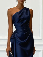 Purplish Blue Ruched Satin One Shoulder Sleeveless A-Line Midi Dress