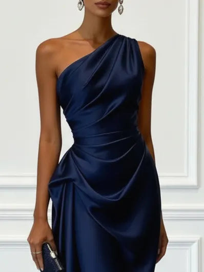 Purplish Blue Ruched Satin One Shoulder Sleeveless A-Line Midi Dress