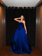 Cocoslly Halter Neck Strapless Sleeveless Long A-Line Prom Dress With Pleated And Sequins Rhinstone | Champage Satin YK0886