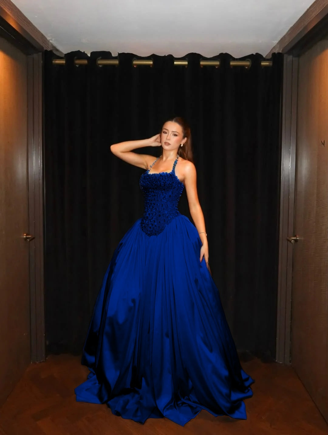 Cocoslly Halter Neck Strapless Sleeveless Long A-Line Prom Dress With Pleated And Sequins Rhinstone | Champage Satin YK0886