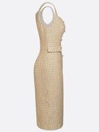 Golden Buckle Pocket Stitching Tweed Spaghetti Sleeveless Sheath Midi Dress