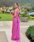 Cocoslly Deep V-Neck Sleeveless High Waist Long Prom Dress | Fuchsia Satin CO0102