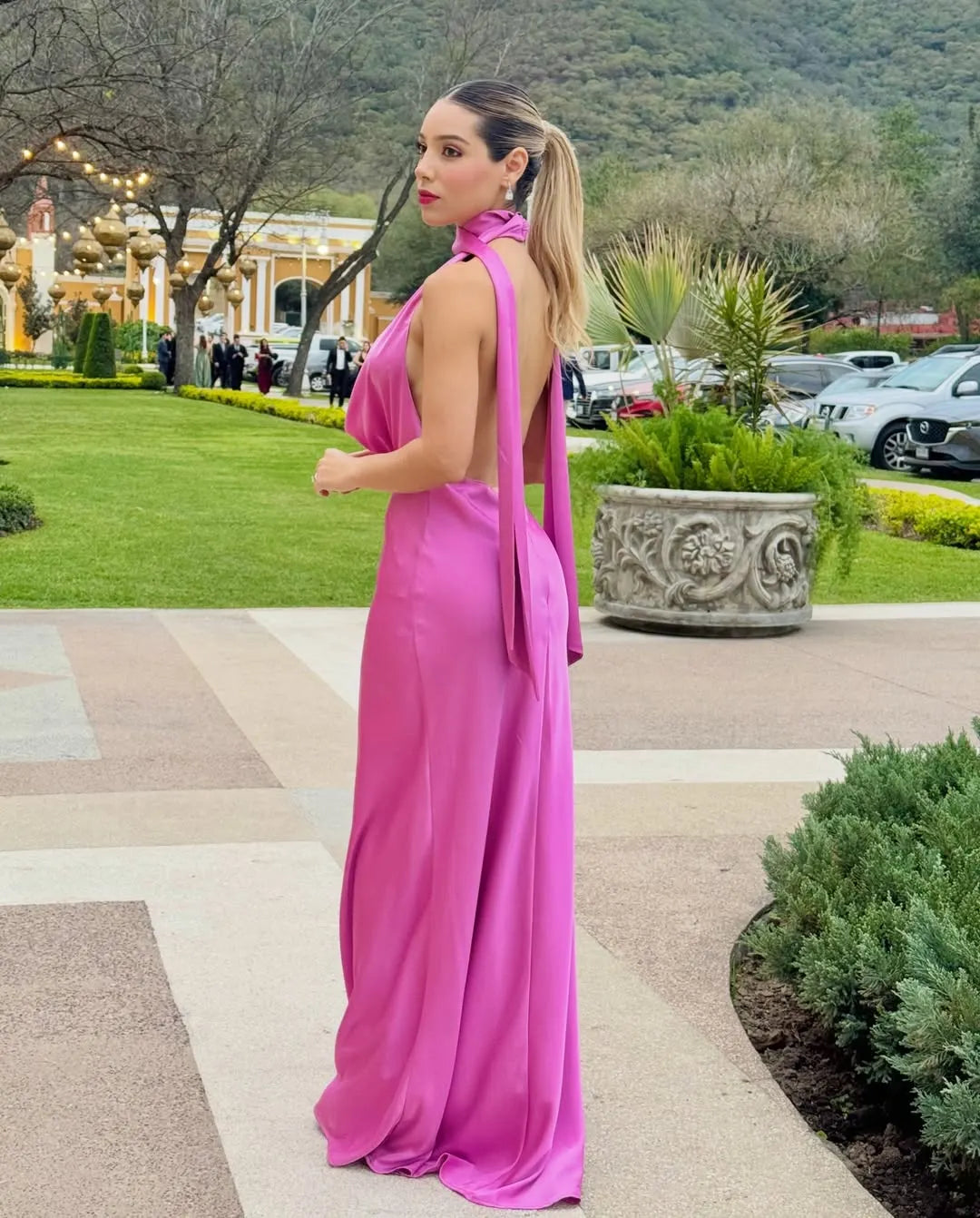 Cocoslly Deep V-Neck Sleeveless High Waist Long Prom Dress | Fuchsia Satin CO0102