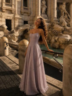 Cocoslly Strapless Sleeveless High Waist Long A Line Prom Dress With Beading Pearls | Dusty Rose Chiffon LX0109