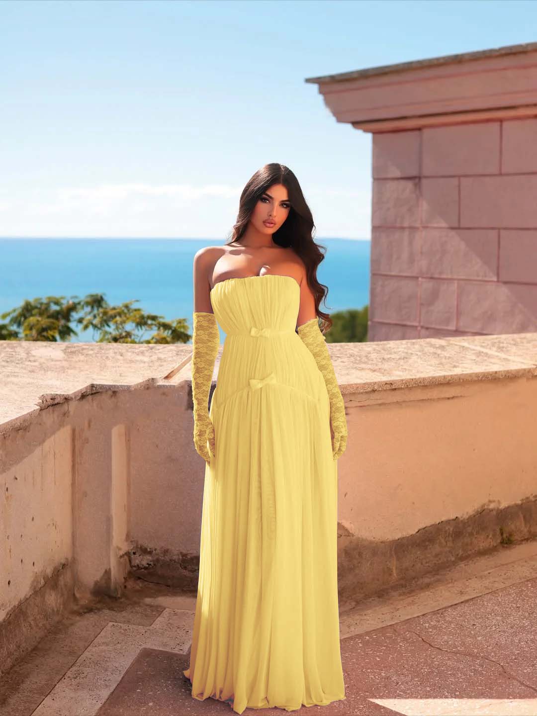 Chiffon Strapless Sleeveless Long Pleated A-Line Prom Dress With Bows And Gloves YK0680