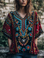 Women's Vintage Boho Nepal Ethnic Floral Art V-neck Shirt