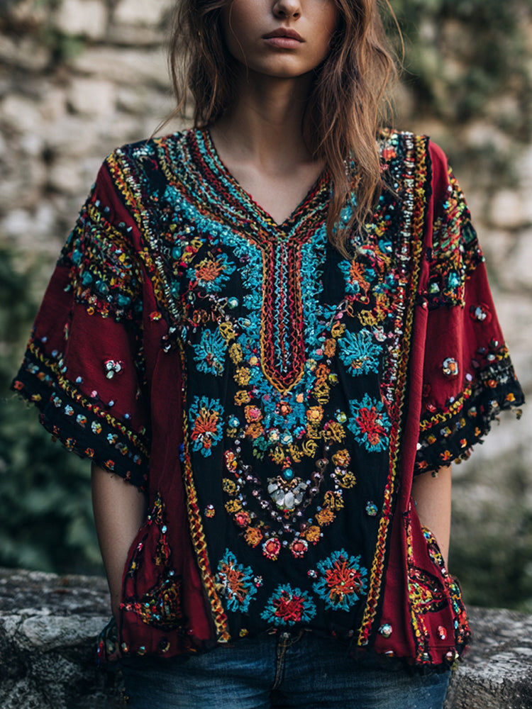 Women's Vintage Boho Nepal Ethnic Floral Art V-neck Shirt