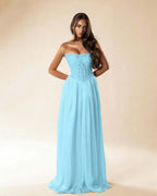 Strapless Sleeveless Long Pleated A-Line Prom Dress With Beadings And Rhinstone YK0781