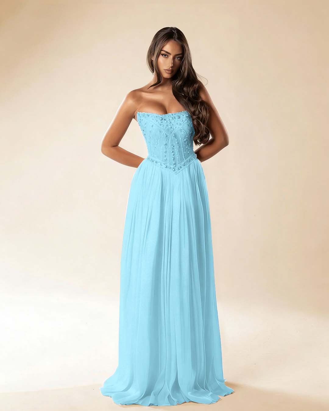 Strapless Sleeveless Long Pleated A-Line Prom Dress With Beadings And Rhinstone YK0781