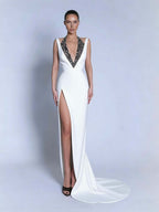 Halter V-Neck Wide Shoulder Straps Sleeveless Long Mermaid Prom Dress With Beadings And Split YK0734