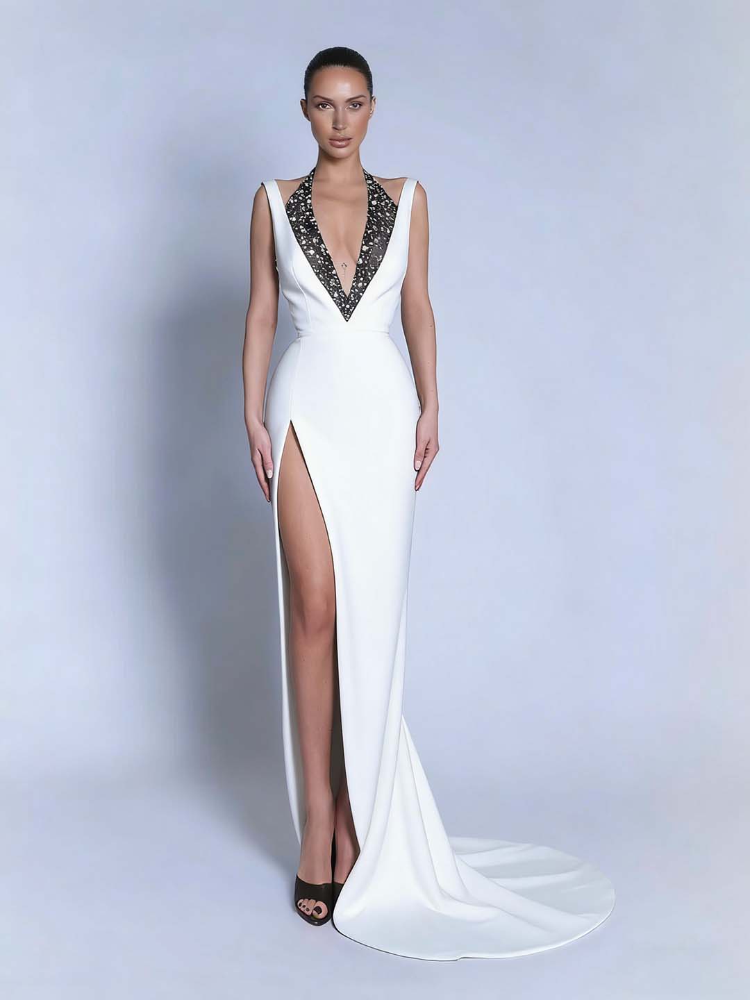 Halter V-Neck Wide Shoulder Straps Sleeveless Long Mermaid Prom Dress With Beadings And Split YK0734