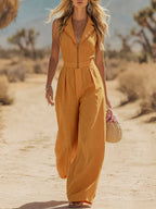 Bohemian Retro Western Lapel Sleeveless Cotton-Linen Jumpsuit