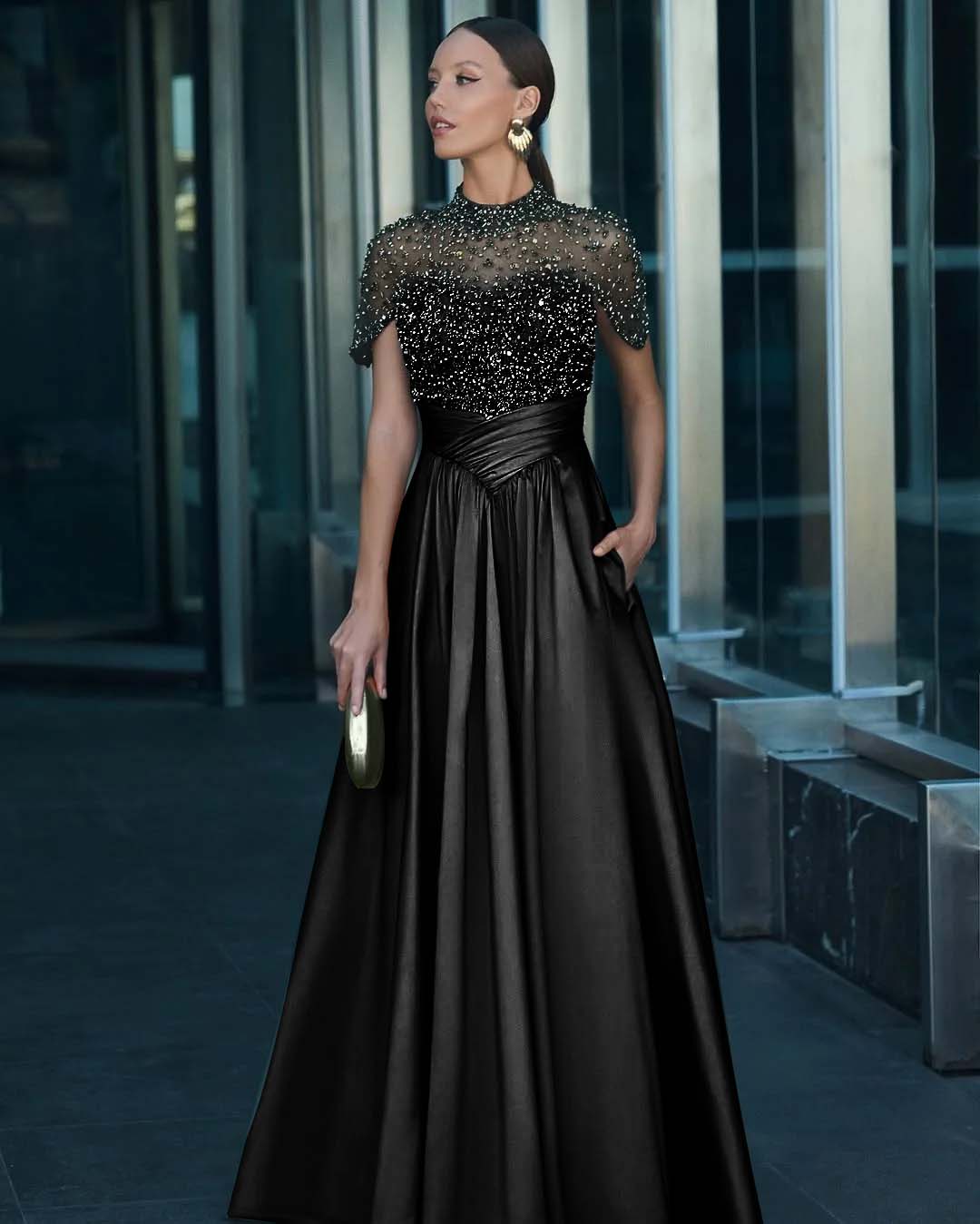 Tulle And Satin High-Neck Short Sleeves Long A-Line Pleated Prom Dress With Pockets And Beadings YK0542