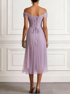 Lavender Ruched Lace Chiffon Off The Shoulder Short Sleeve A-Line Midi Dress