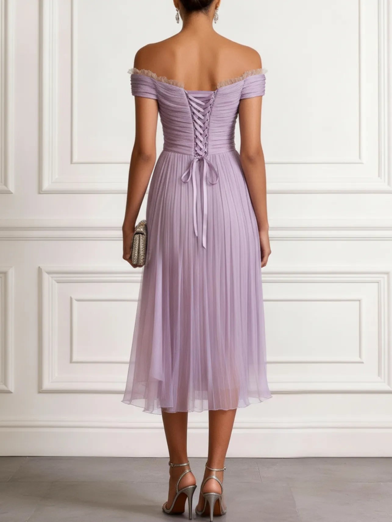 Lavender Ruched Lace Chiffon Off The Shoulder Short Sleeve A-Line Midi Dress