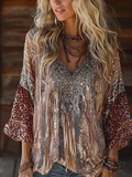 Vintage Leopard Print Patchwork V-neck Casual Top