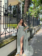 Strapless Sleeveless Long Mermaid Prom Dress With Split Pleated YK0291