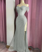 Off the Shoulder Sleeveless Long Split Prom Dress With Beading YK0161