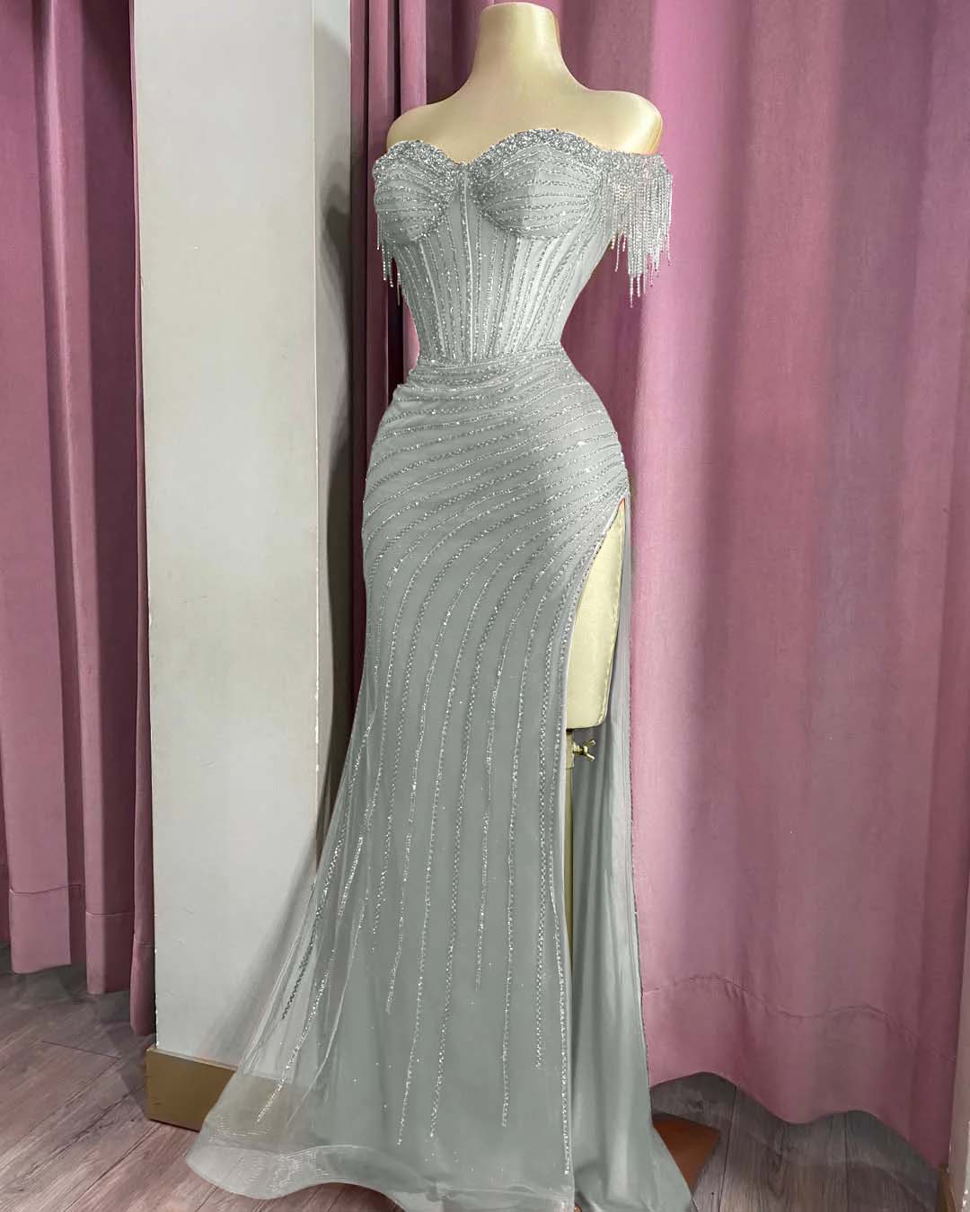 Off the Shoulder Sleeveless Long Split Prom Dress With Beading YK0161