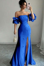 Strapless Bubble Sleeves Long Split Prom Dress With Beading WQ0027