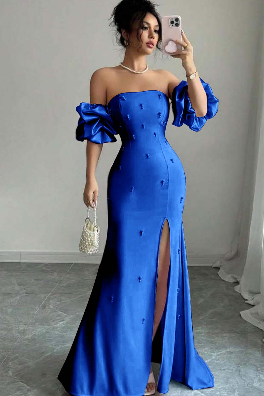 Strapless Bubble Sleeves Long Split Prom Dress With Beading WQ0027