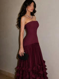 Cocoslly Strapless Sleeveless High Waist Long Prom Dress With Ruffles | Burgundy Satin WT0132