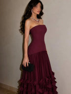 Cocoslly Strapless Sleeveless High Waist Long Prom Dress With Ruffles | Burgundy Satin WT0132