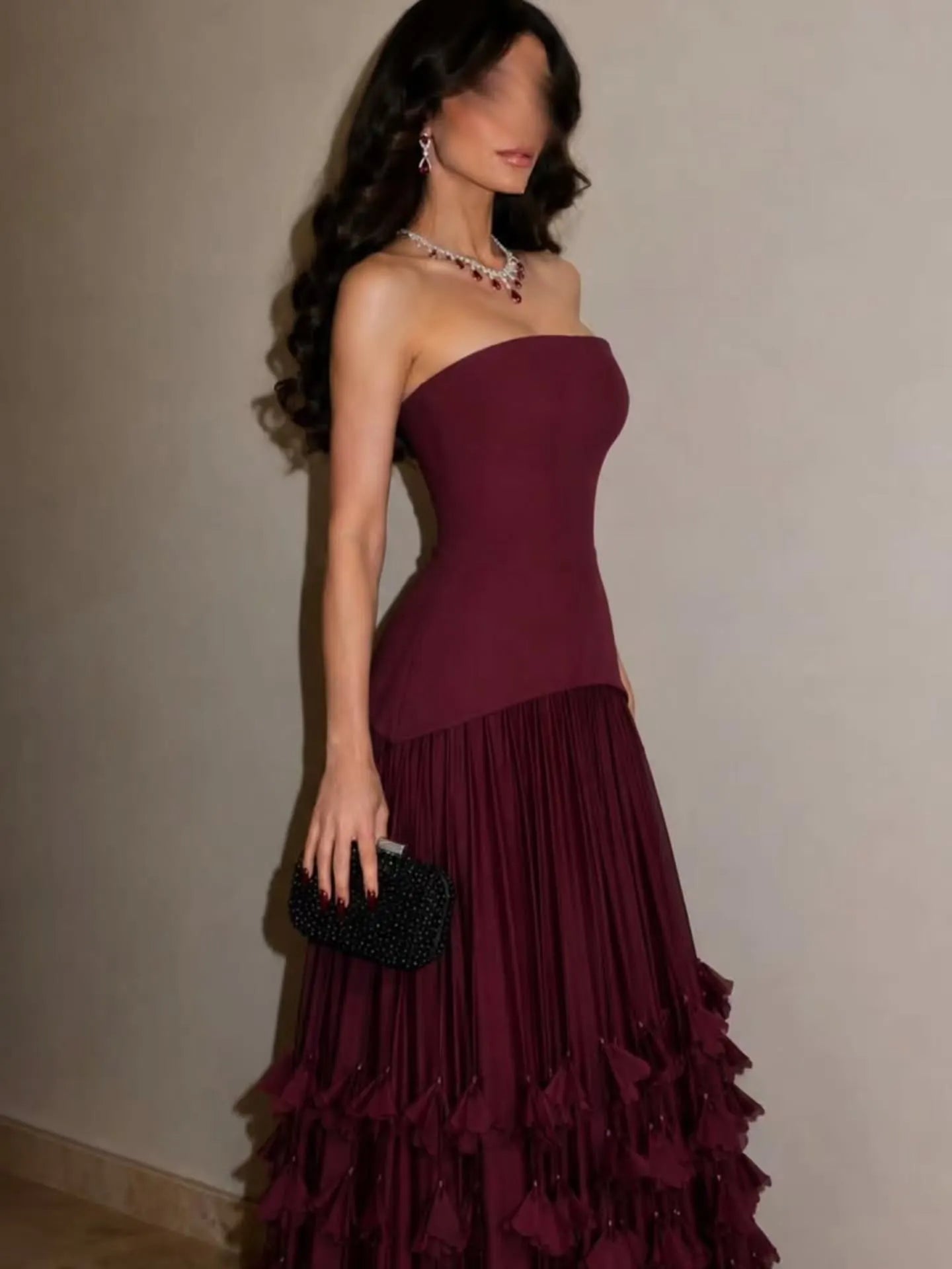 Cocoslly Strapless Sleeveless High Waist Long Prom Dress With Ruffles | Burgundy Satin WT0132