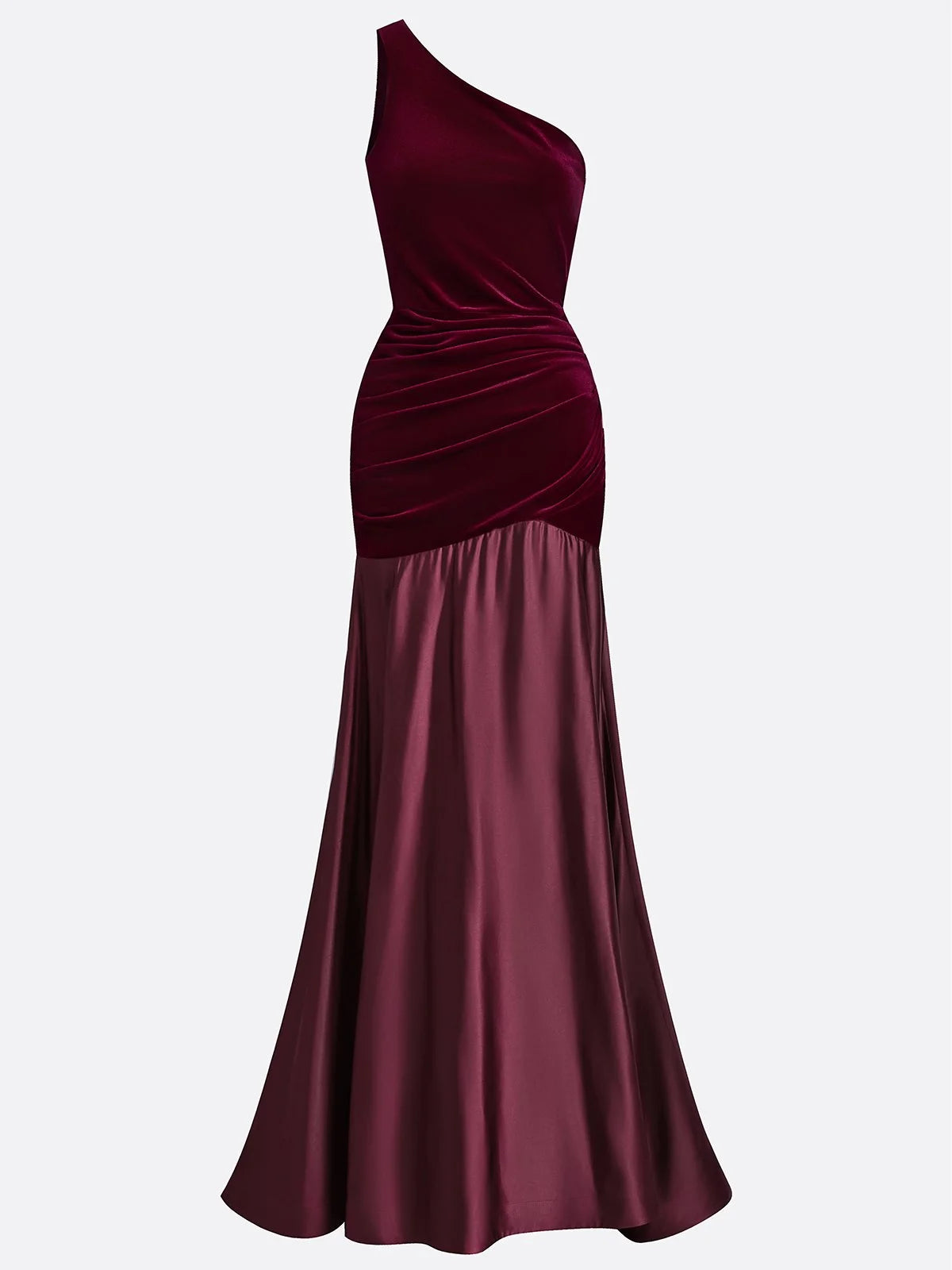 Burgundy Satin Ruched Split Joint Velvet One Shoulder Sleeveless A-Line Gown Dress