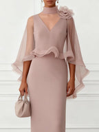 Nude Pink 3D Floral Mesh Classic Mock Neck Half Sleeve Sheath Floor-length Gown Dress