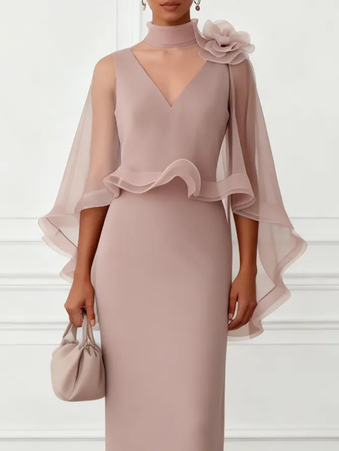 Nude Pink 3D Floral Mesh Classic Mock Neck Half Sleeve Sheath Floor-length Gown Dress