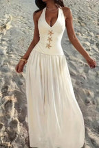 Cocoslly Halter V-Neck Sleeveless High Waist Long Prom Dress With Rhinstone | Ivory Chiffon XJ0755