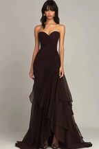 Cocoslly Sweetheart Strapless Sleeveless High Waist Long Prom Dress With Ruffles | Brown Chiffon CO0129