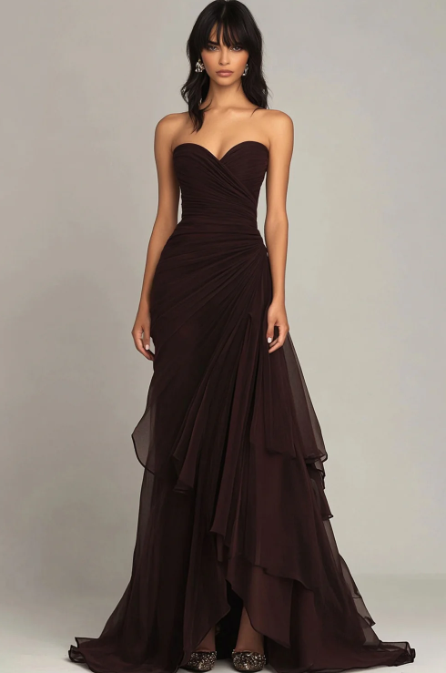 Cocoslly Sweetheart Strapless Sleeveless High Waist Long Prom Dress With Ruffles | Brown Chiffon CO0129