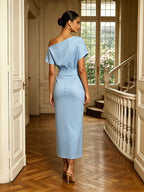 Women Blue Satin Buckle Asymmetrical Short Sleeve Dressy Top With Skirt Two-Piece Set