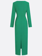 Green Classic Deep V Neck Long Sleeve Sheath Maxi Dress