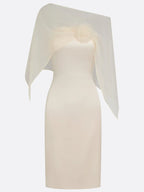 Champagne 3D Floral Mesh Satin Boat Neck Short Sleeve Sheath Midi Dress with Capelet