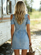 Lapel Collar Zip-up Double-pocket Off-the-shoulder Denim Mini Dress