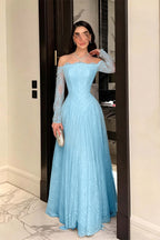 Cocoslly Strapless Long Sleeves High Waist Long Prom Dress With Pleated | Ink Blue Lace YC0488