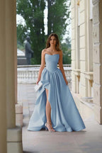Pink Strapless Sleeveless A Line Long Split Prom Dress With Pleated ED0263