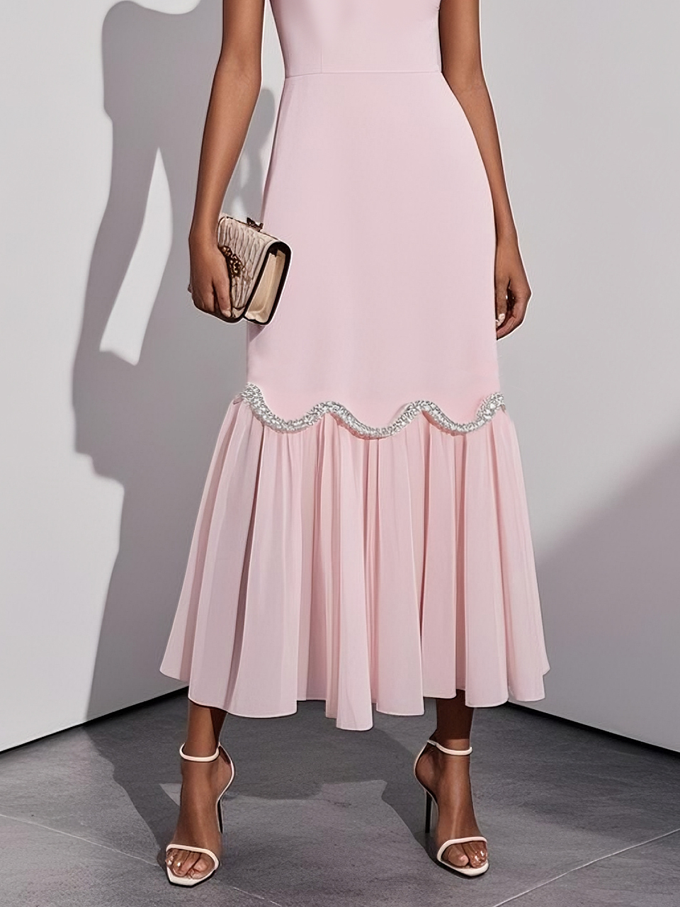 Pink Rhinestone Classic Sweetheart Neckline Sleeveless A-Line Maxi Dress